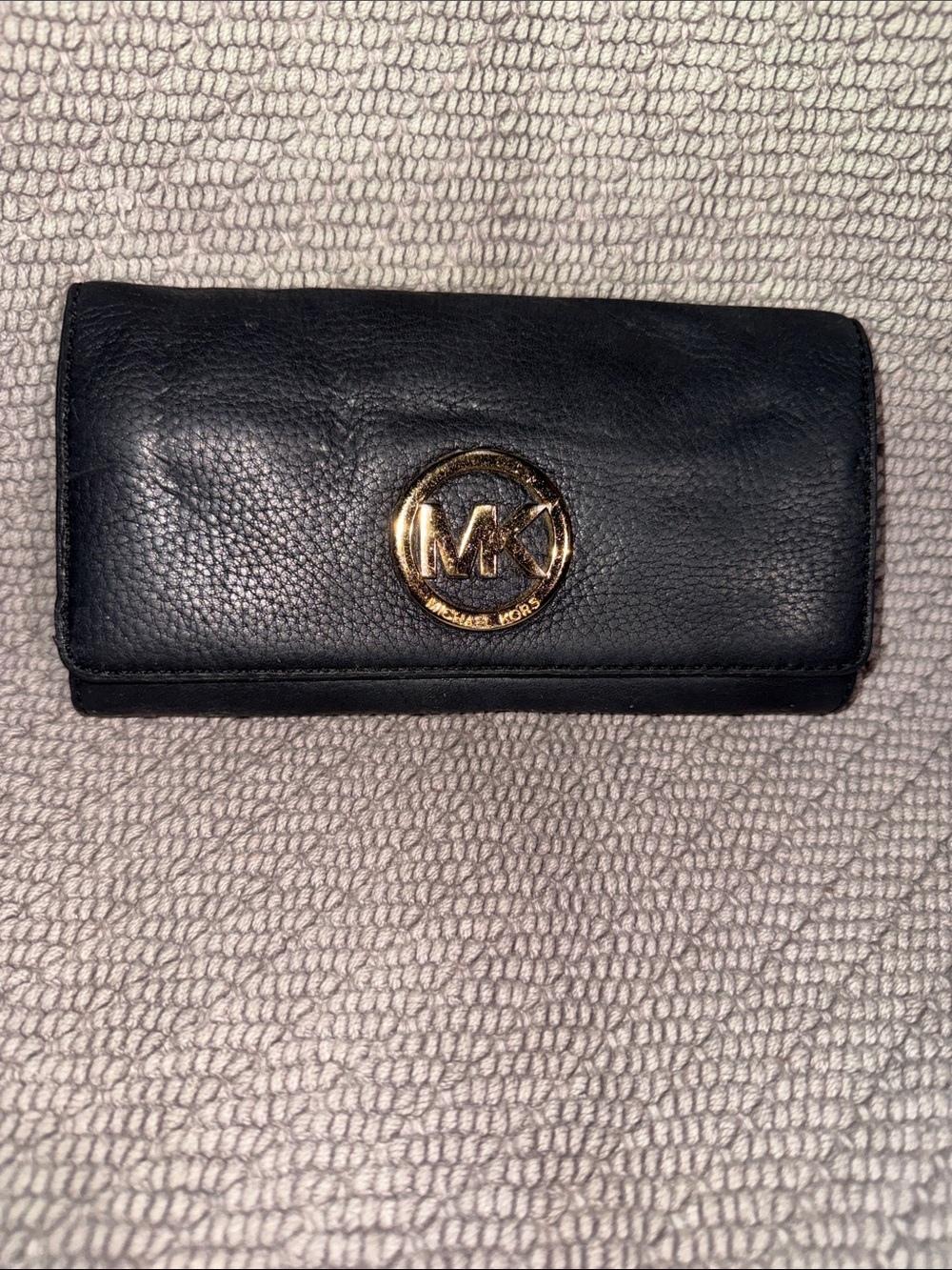 Michael Kors Black Leather Trifold Wallet with Gold MK Emblem
